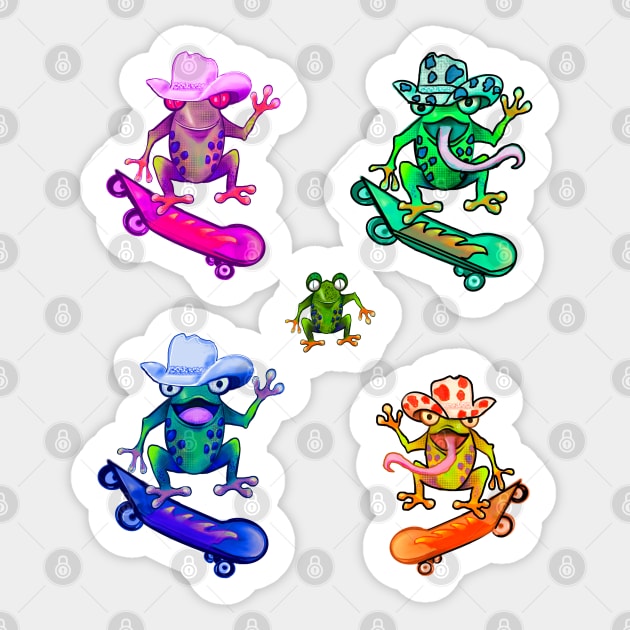 Frog 5 pack Kawaii Froggy Skateboarding Cute Frog pack of 5 in Texas cowboy hat Funny toad toads amphibian tadpole Green Red eyed tree frogs rain forest Lizard dragon zoology gift frog Sticker by Artonmytee